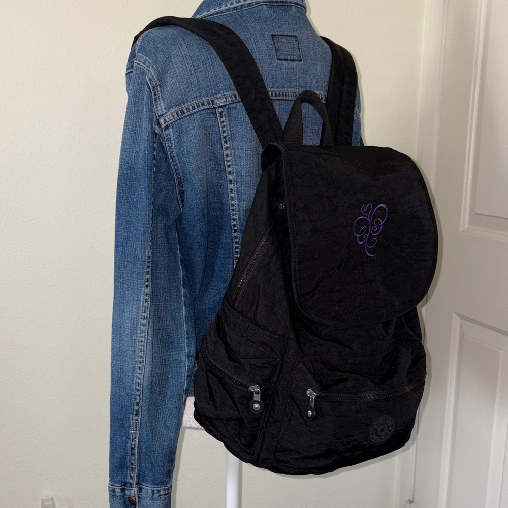 Kipling Black Backpack with embroidered purple butterfly - Picture 2 of 15